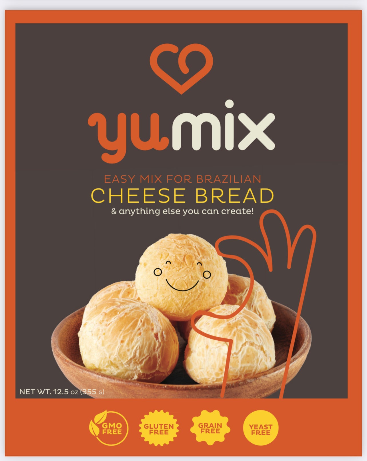 Packaging for yumix showing a illustration with a hand drawn hand holding a smiling baked cheese bread. Seals with the words GMO Free, Gluten free, grain free, yeast free.Net Wt 12.5oz (355g)